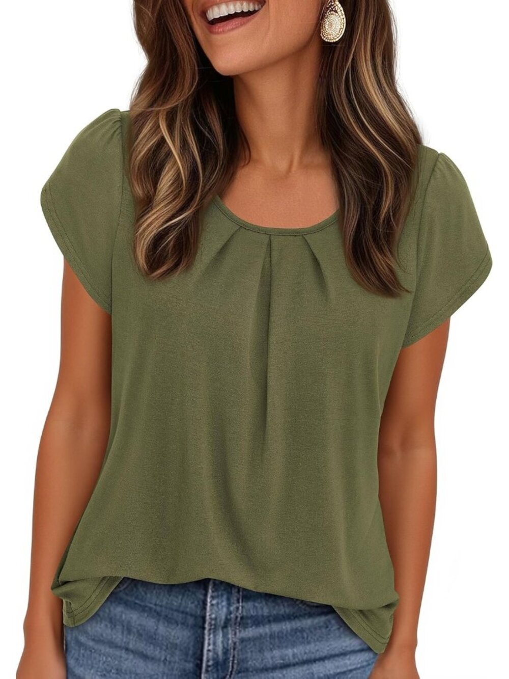Women's Army Green Short Sleeve Pull On Crew Neck Casual Tops Imported T Shirts